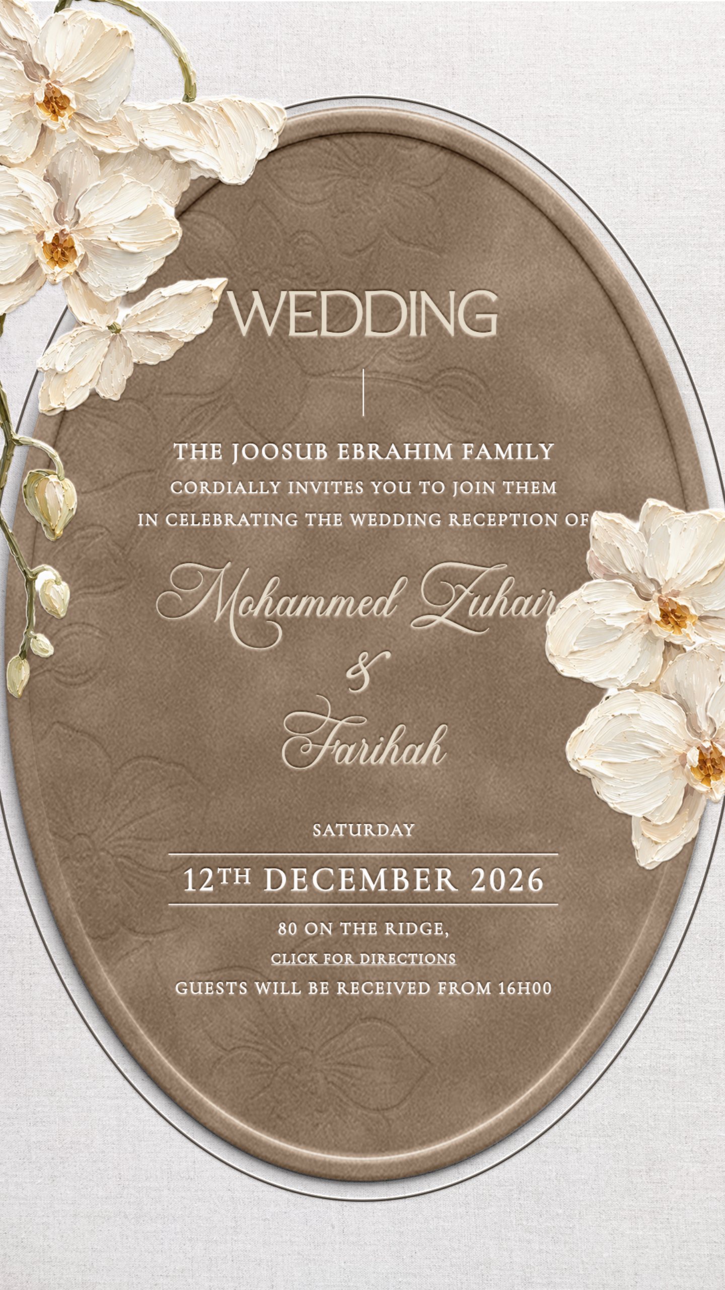 Wedding reception. Saturday 12th December 2026 at 80 on the Ridge. Guests will be received from 16h00.